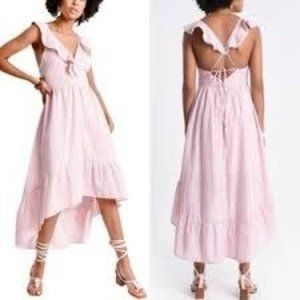 NWT Molly Bracken Womens Long Printed Dress Cross Open Back High Low Midi Pink